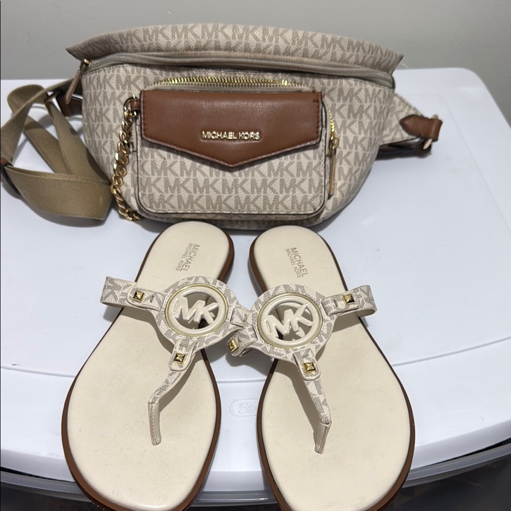 Michael Kors Cream Sandals with Metallic Medallions with matching crossbody